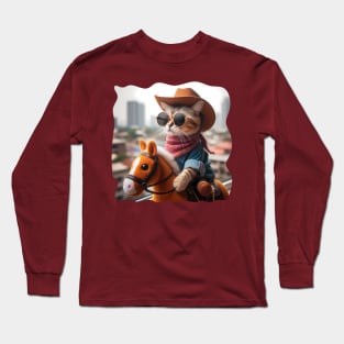 A cat wearing sunglasses and a cowboy hat riding a toy horse Long Sleeve T-Shirt